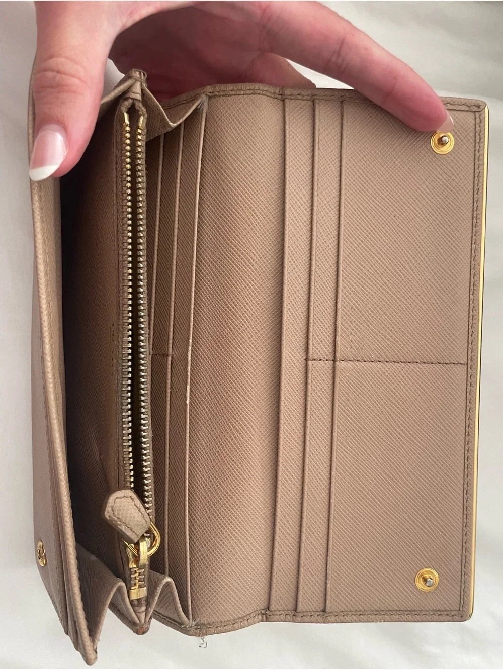 Prada Taupe Saffiano Leather Long Wallet with Gold Hardware